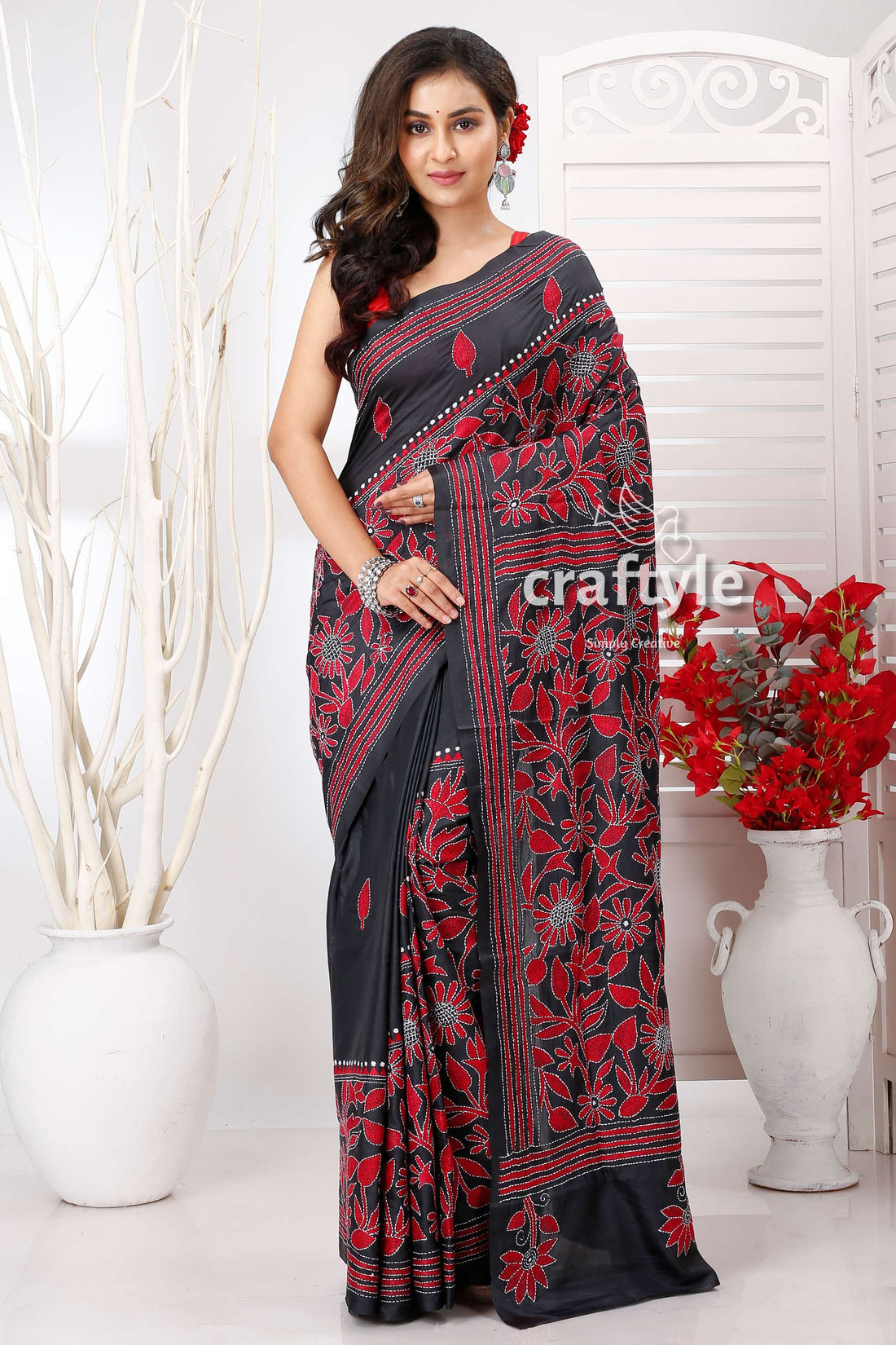 black-and-maroon-floral-exquisite-silk-kantha-embroidery-saree-cwsksxxx0291 - Craftyle