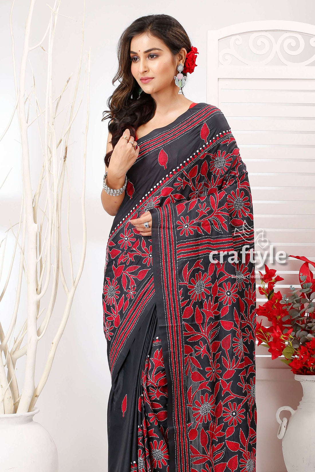 Black and Maroon Floral Exquisite Silk Kantha Embroidery Saree - Craftyle
