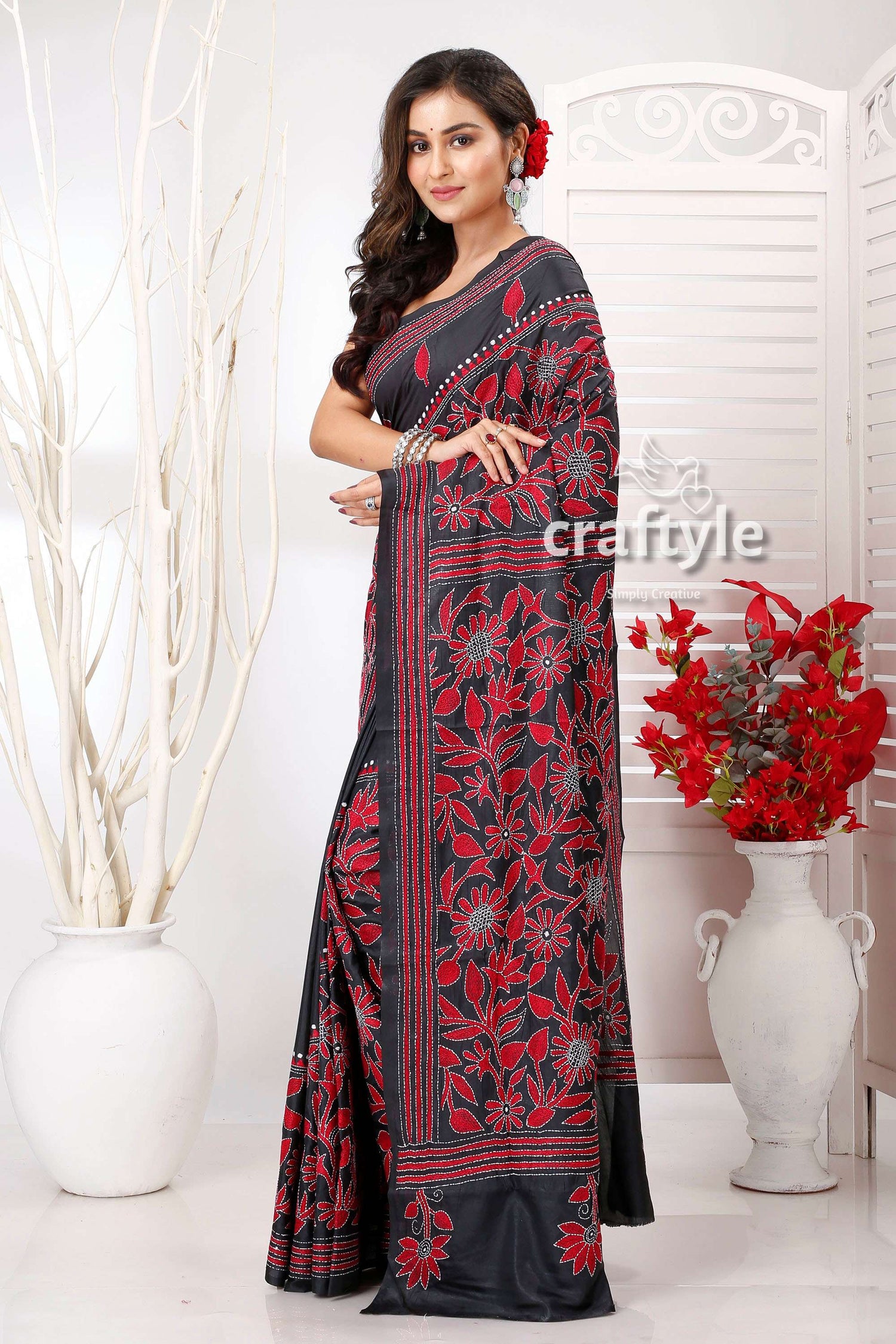 Black and Maroon Floral Exquisite Silk Kantha Embroidery Saree - Craftyle