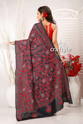 Black and Maroon Floral Exquisite Silk Kantha Embroidery Saree - Craftyle