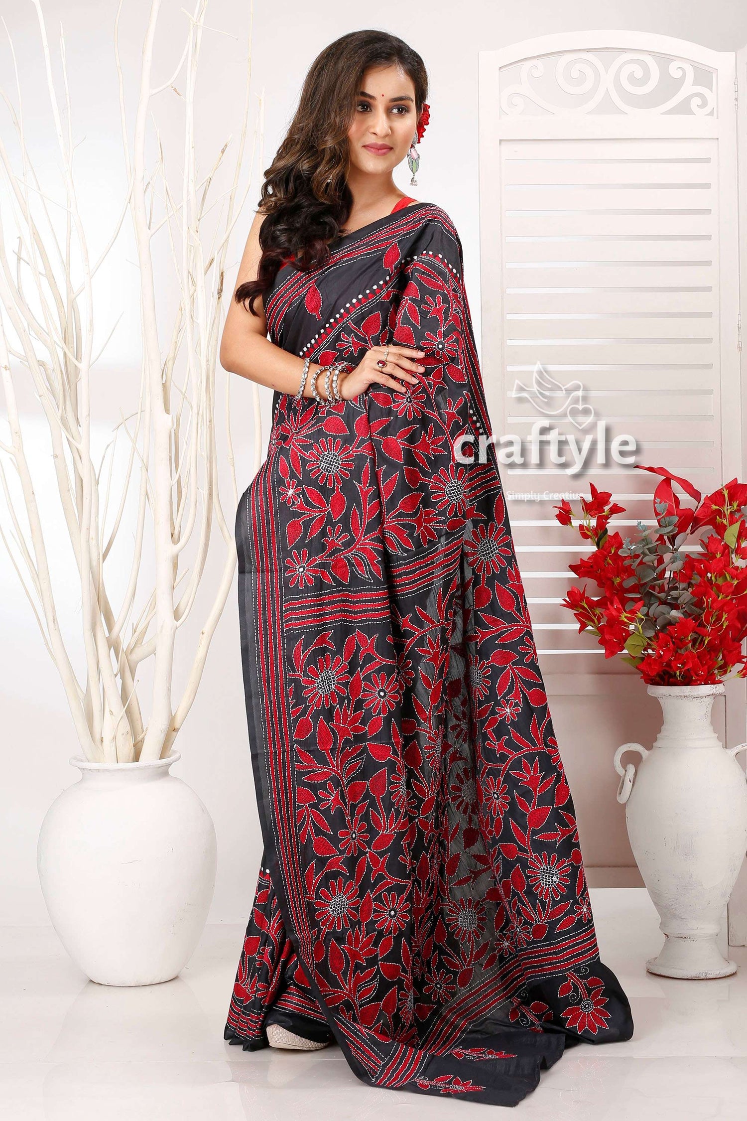 Black and Maroon Floral Exquisite Silk Kantha Embroidery Saree - Craftyle