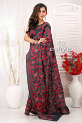 Black and Maroon Floral Exquisite Silk Kantha Embroidery Saree - Craftyle