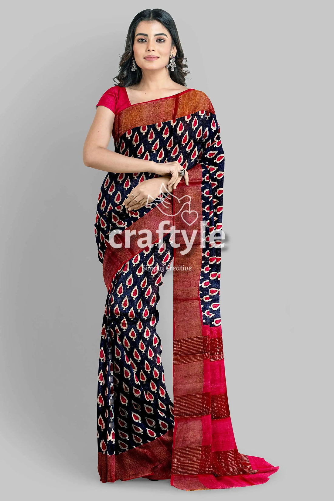Black and red hand block printed pure tussar silk saree with zari border woman patterned saree 1
