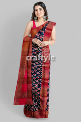 Black and Red Hand Block Printed Pure Tussar Silk Saree with Zari Border - Craftyle