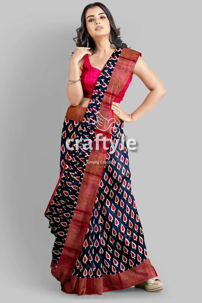 Black and Red Hand Block Printed Pure Tussar Silk Saree with Zari Border - Craftyle