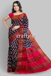 Black and Red Hand Block Printed Pure Tussar Silk Saree with Zari Border - Craftyle