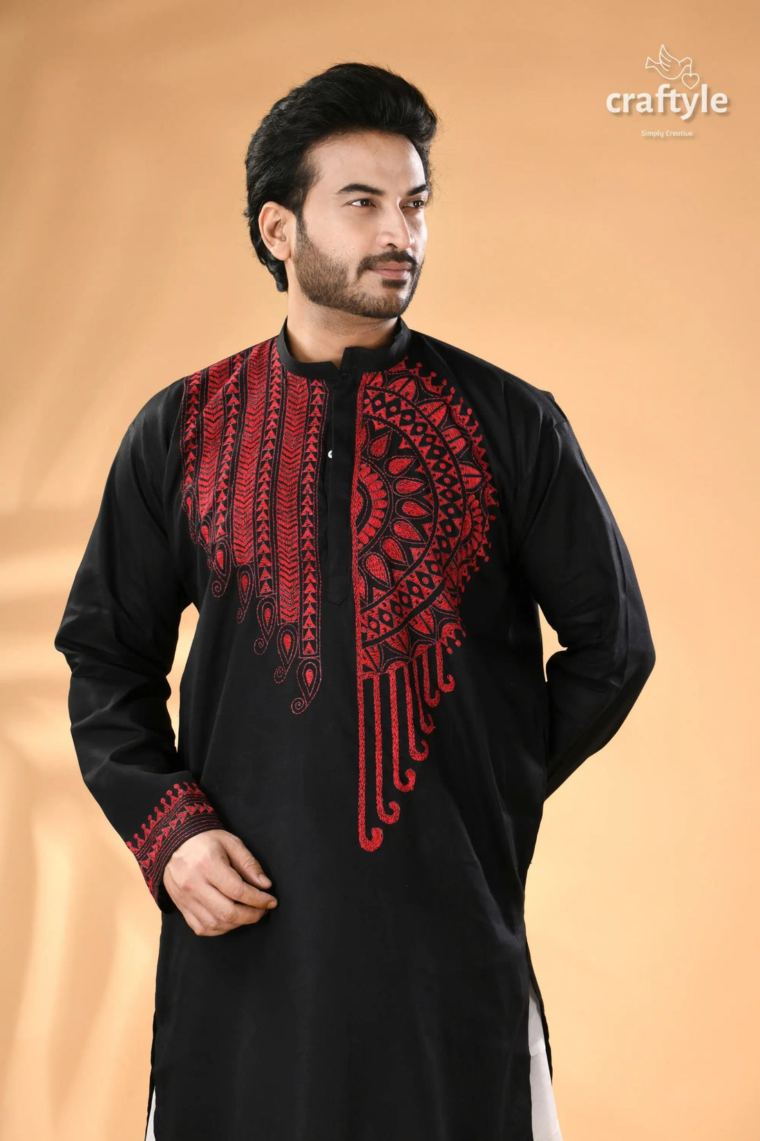 Black and red hand kantha embroidered cotton ethnic punjabi men’s black punjabi red embroidery 2