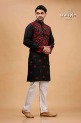 Black and red kantha stitch cotton panjabi for men kurta intricate embroidery 4