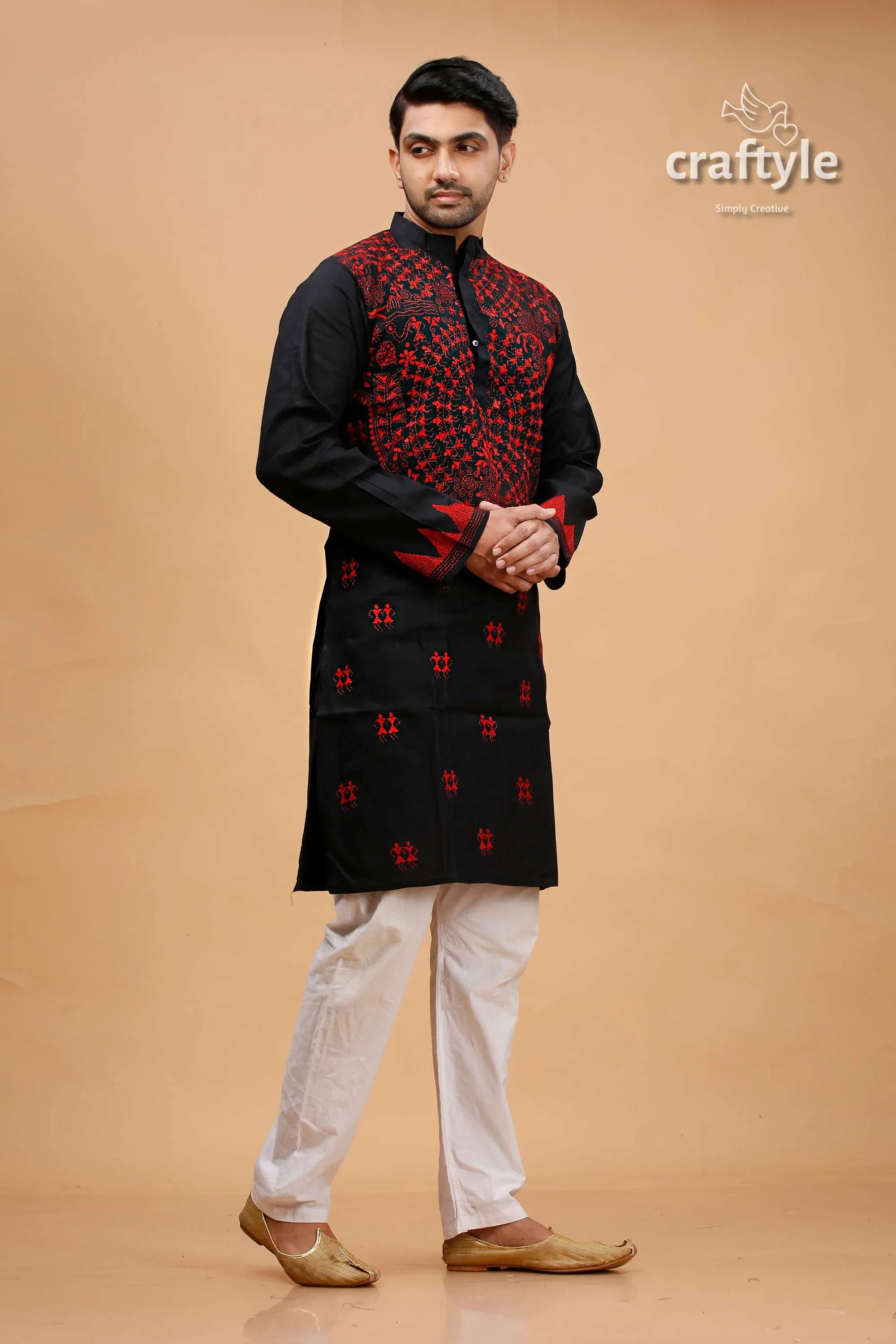 Black and red kantha stitch cotton panjabi for men kurta intricate embroidery 4