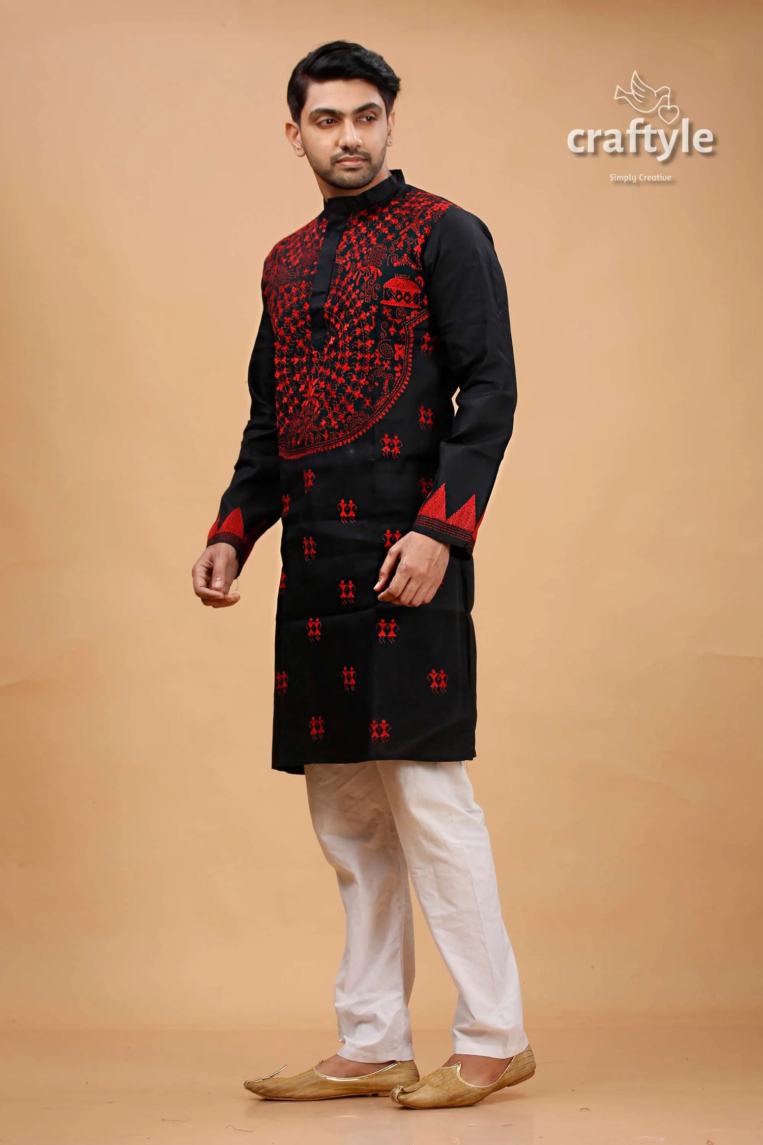 Black and red kantha stitch cotton panjabi for men kurta intricate embroidery 3