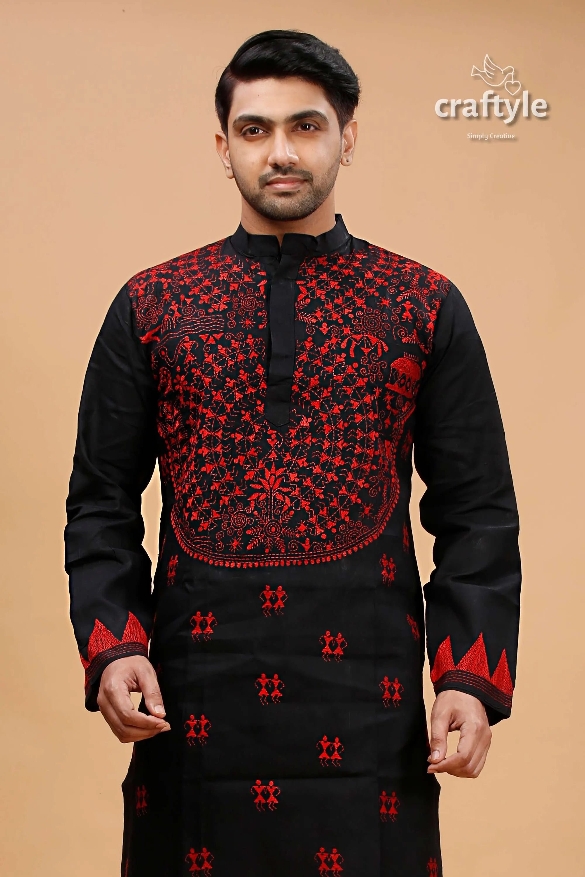 Black and red kantha stitch cotton panjabi for men kurta intricate embroidery 2