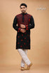 Black and red kantha stitch cotton panjabi for men kurta intricate embroidery 1