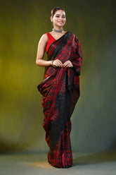 Black and red silk kantha saree with handmade warli ethnic design 6