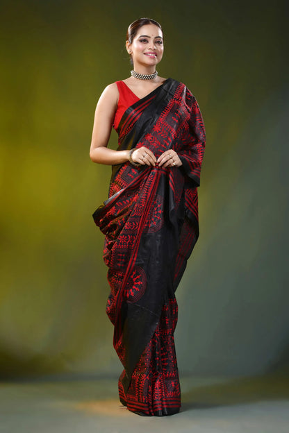 Black and red silk kantha saree with handmade warli ethnic design 6