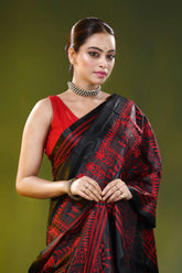 Black and red silk kantha saree with handmade warli ethnic design 2