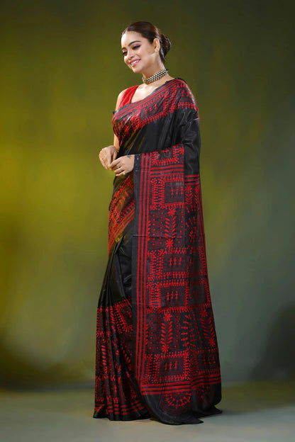 Black and red silk kantha saree with handmade warli ethnic design 3