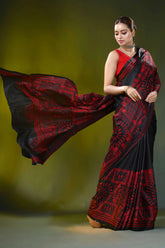 Black and red silk kantha saree with handmade warli ethnic design 4