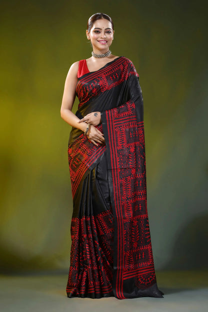 Black and red silk kantha saree with handmade warli ethnic design 1