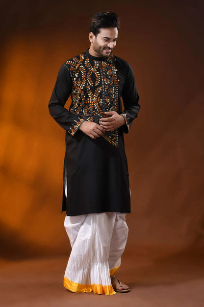 Black cotton kantha panjabi with handcrafted brown floral embroidery 6