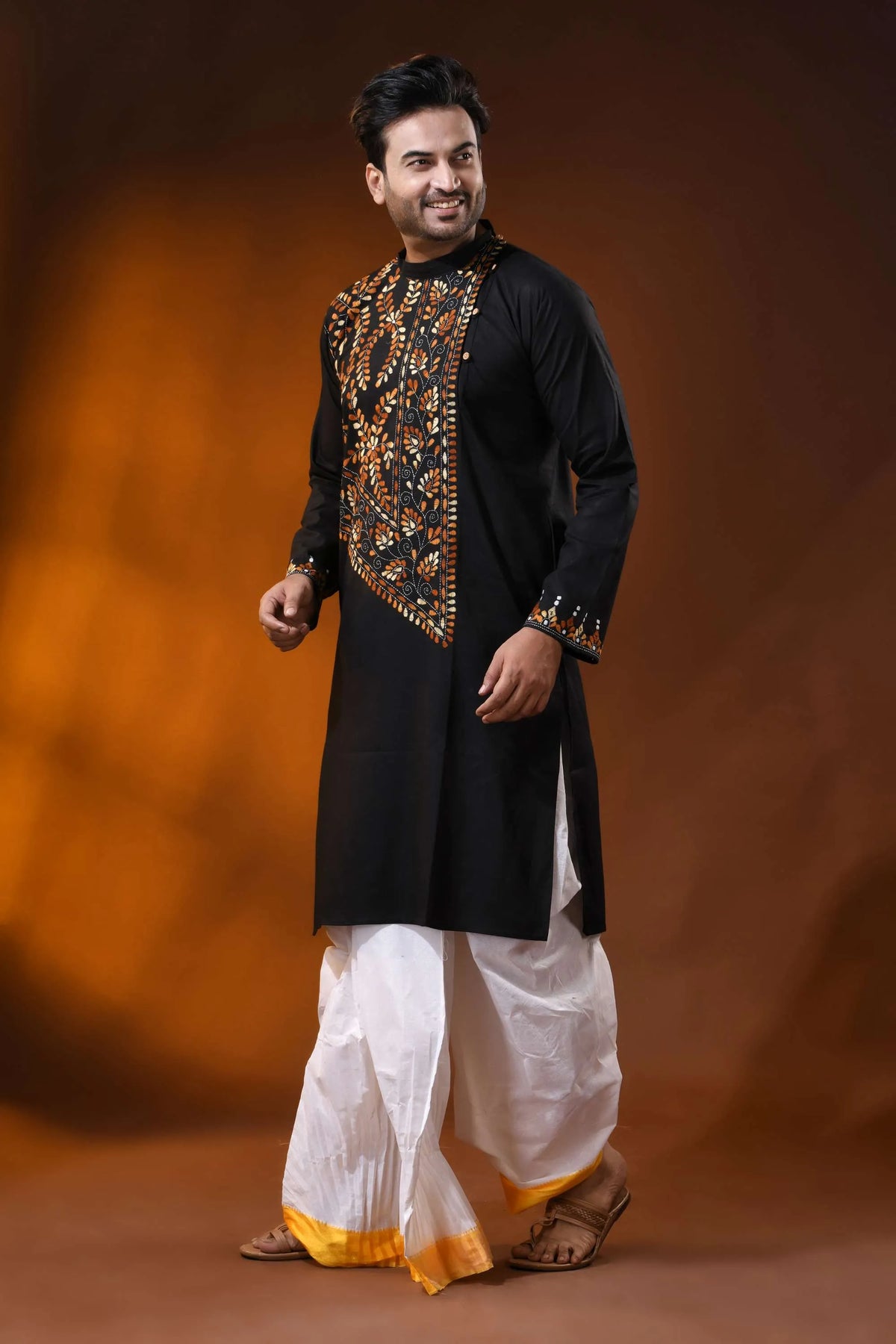 Black cotton kantha panjabi with handcrafted brown floral embroidery 4