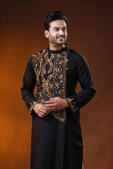 Black cotton kantha panjabi with handcrafted brown floral embroidery 2