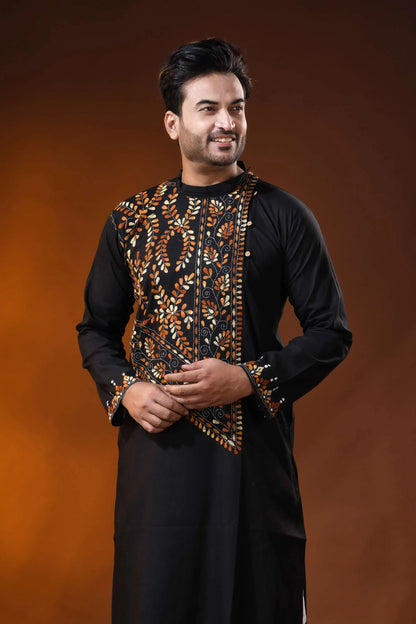 Black cotton kantha panjabi with handcrafted brown floral embroidery 2