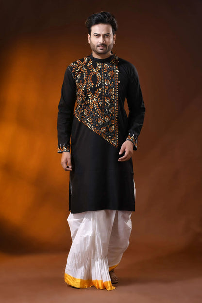 Black cotton kantha panjabi with handcrafted brown floral embroidery 1