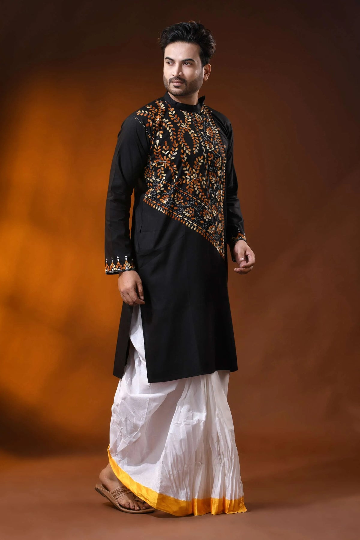 Black cotton kantha panjabi with handcrafted brown floral embroidery 3