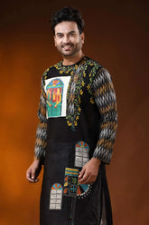 Black cotton kantha punjabi for men with hand paint and ikkat design 7