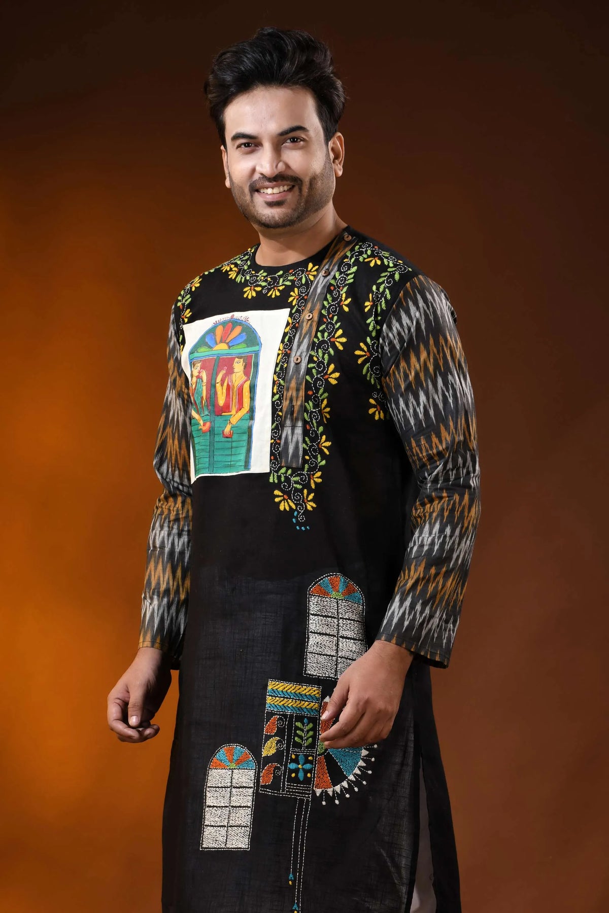 Black cotton kantha punjabi for men with hand paint and ikkat design 7