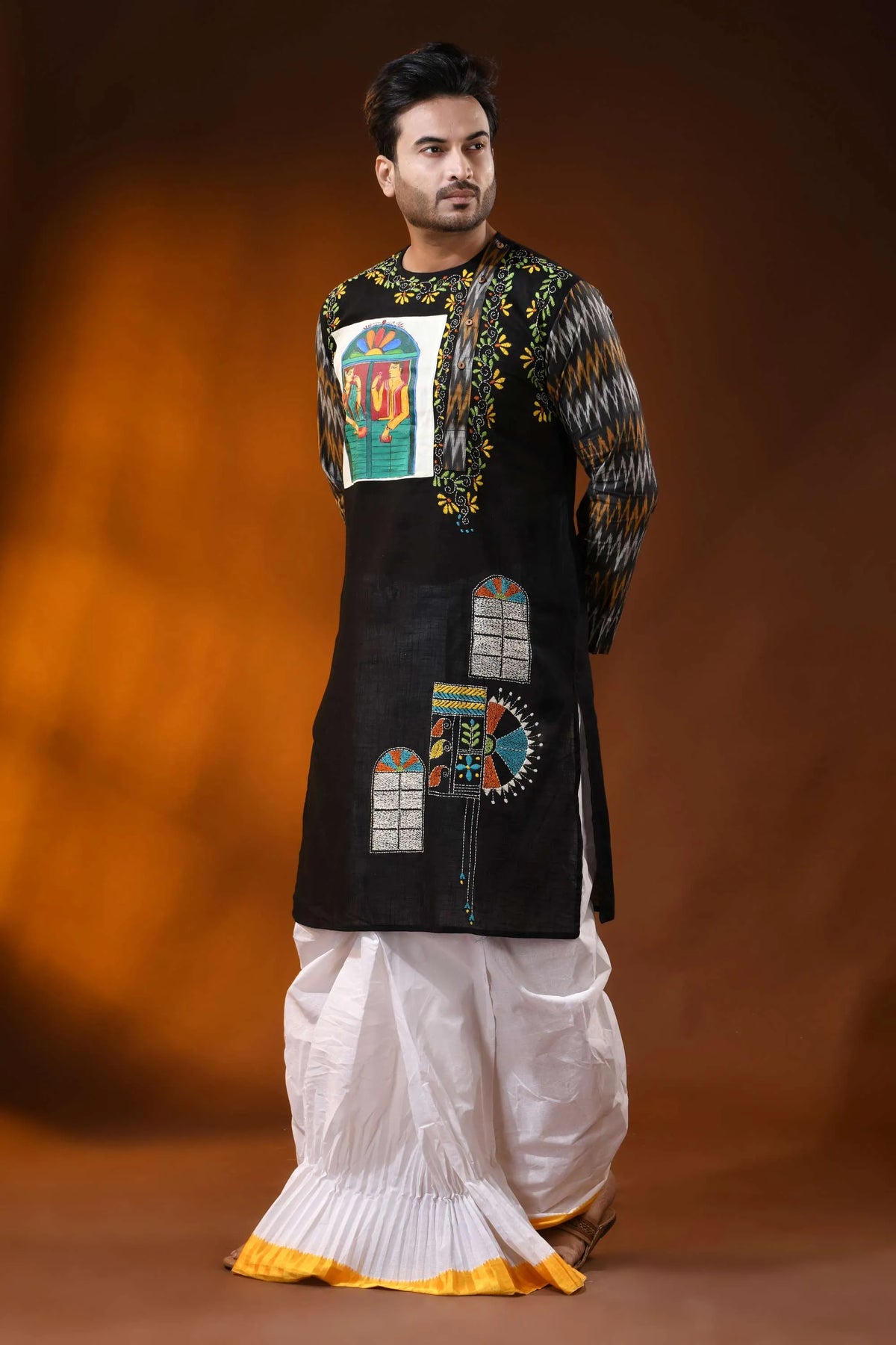 Black cotton kantha punjabi for men with hand paint and ikkat design 4