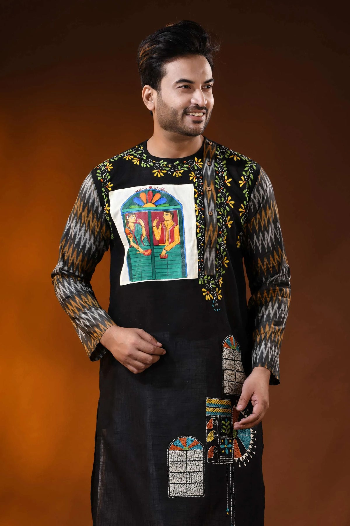 Black cotton kantha punjabi for men with hand paint and ikkat design 2