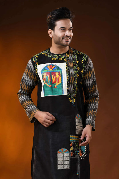 Black cotton kantha punjabi for men with hand paint and ikkat design 2