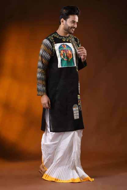 Black cotton kantha punjabi for men with hand paint and ikkat design 3