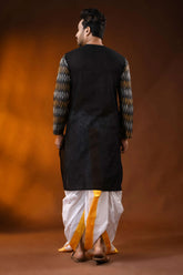 Black cotton kantha punjabi for men with hand paint and ikkat design 5