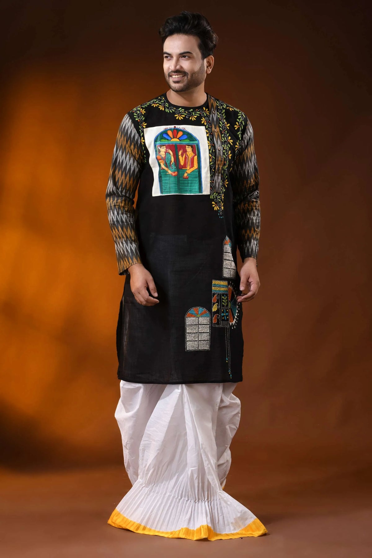 Black cotton kantha punjabi for men with hand paint and ikkat design 6
