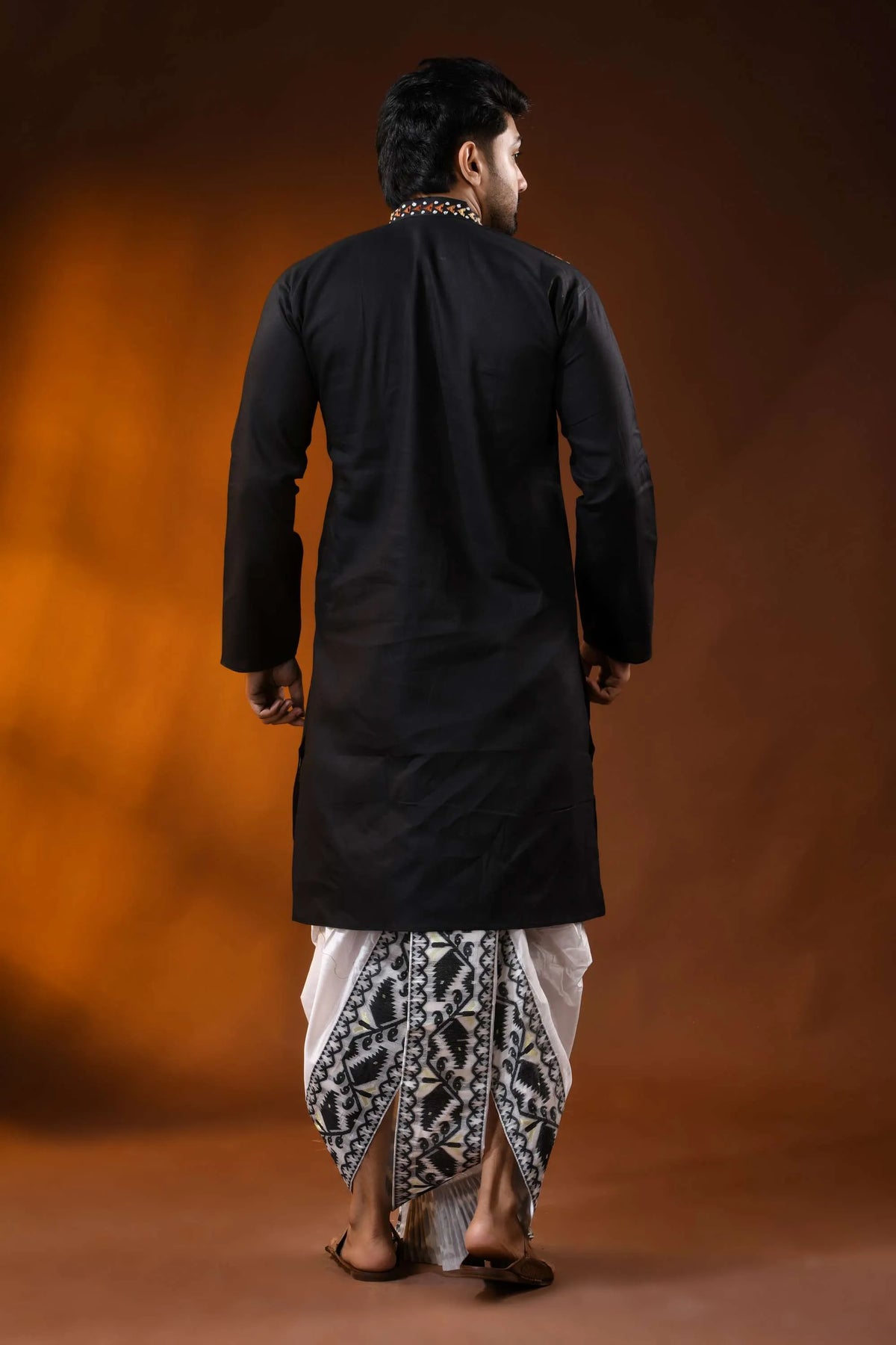 Black cotton kantha punjabi for men with rust floral embroidery - reverse stitch 5