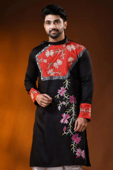 Black cotton men’s punjabi with kantha stitch - applique floral art 2