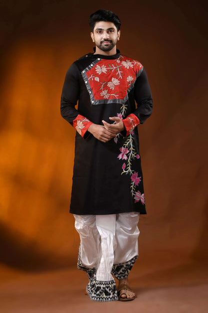 Black cotton men’s punjabi with kantha stitch - applique floral art 1