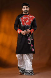 Black cotton men’s punjabi with kantha stitch - applique floral art 6