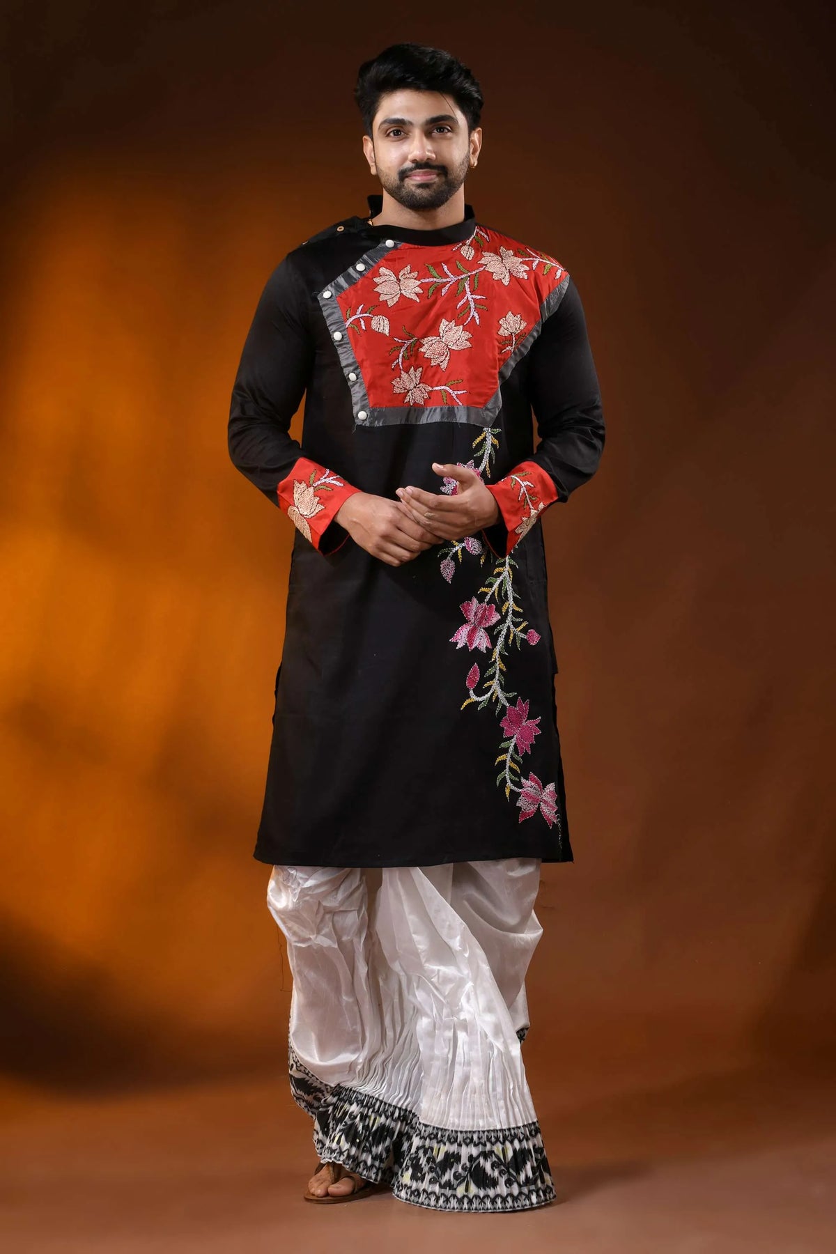 Black cotton men’s punjabi with kantha stitch - applique floral art 6