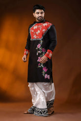 Black cotton men’s punjabi with kantha stitch - applique floral art 3