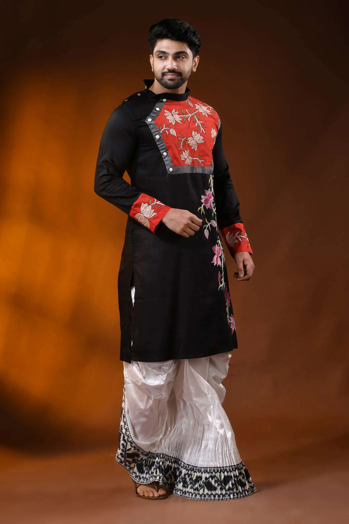 Black cotton men’s punjabi with kantha stitch - applique floral art 4