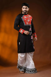 Black cotton men’s punjabi with kantha stitch - applique floral art 4