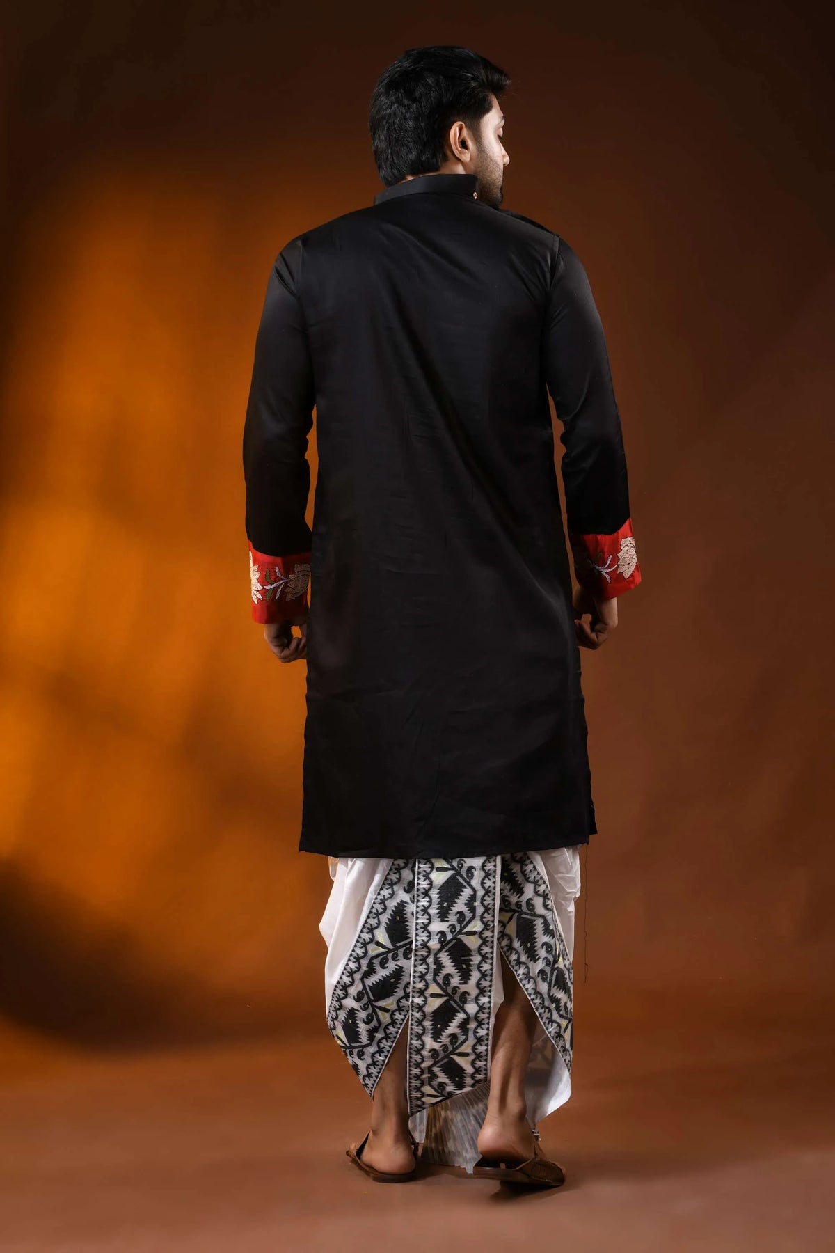 Black cotton men’s punjabi with kantha stitch - applique floral art 5