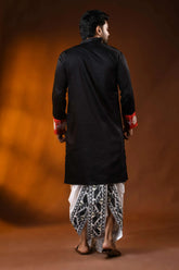 Black cotton men’s punjabi with kantha stitch - applique floral art 5