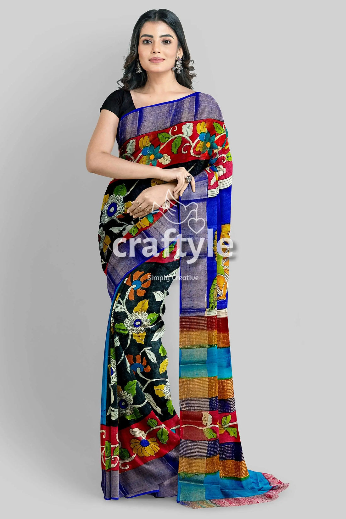 Black dark red hand painted pure tussar kalamkari sari with zari border woman colorful saree 1