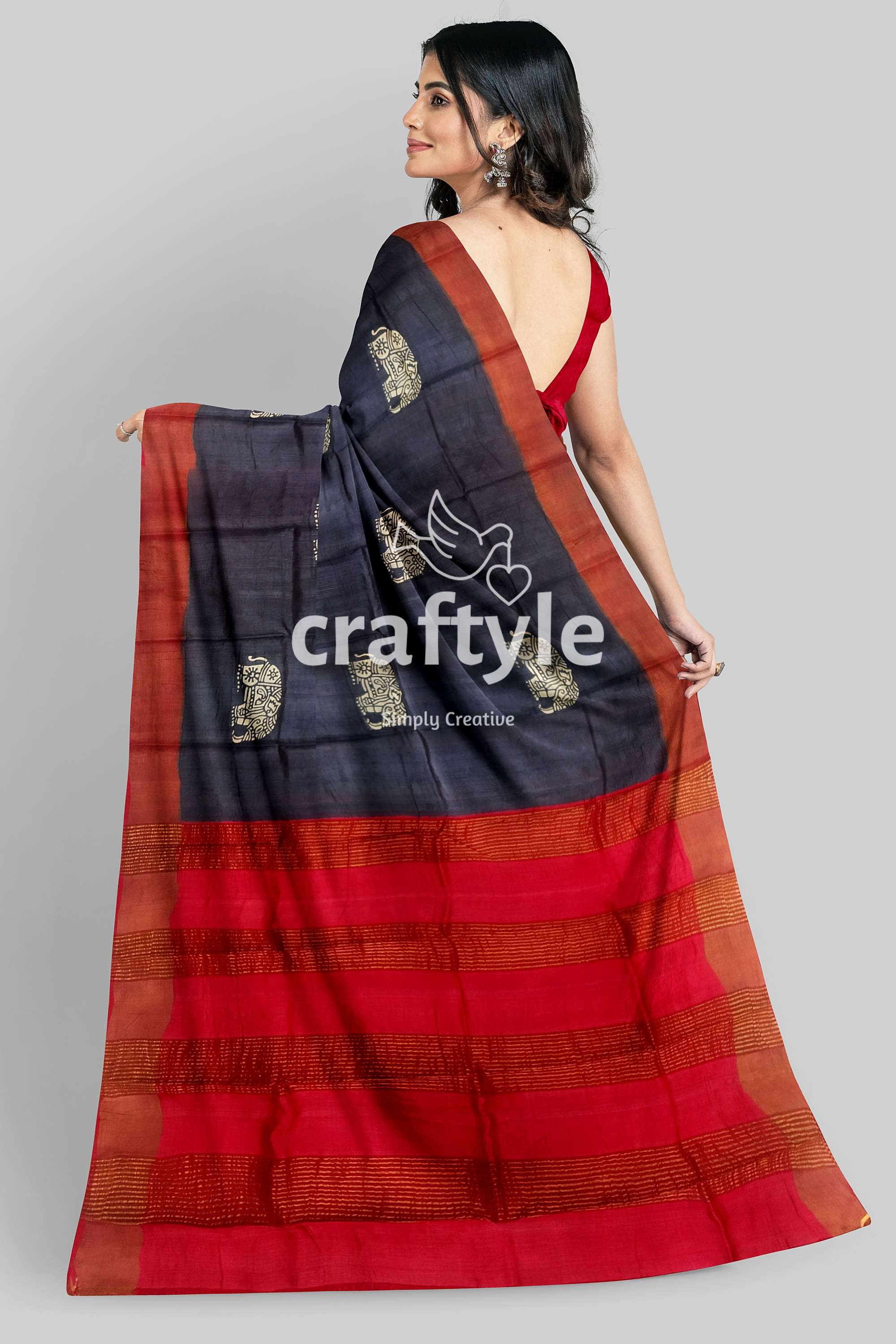 Black Elephant Design Pure Tussar Saree with Zari Border - Hand Block Print - Craftyle