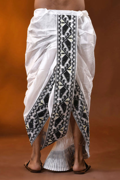 Black jamdani border mayur puchha silk dhoti - ready to wear 3