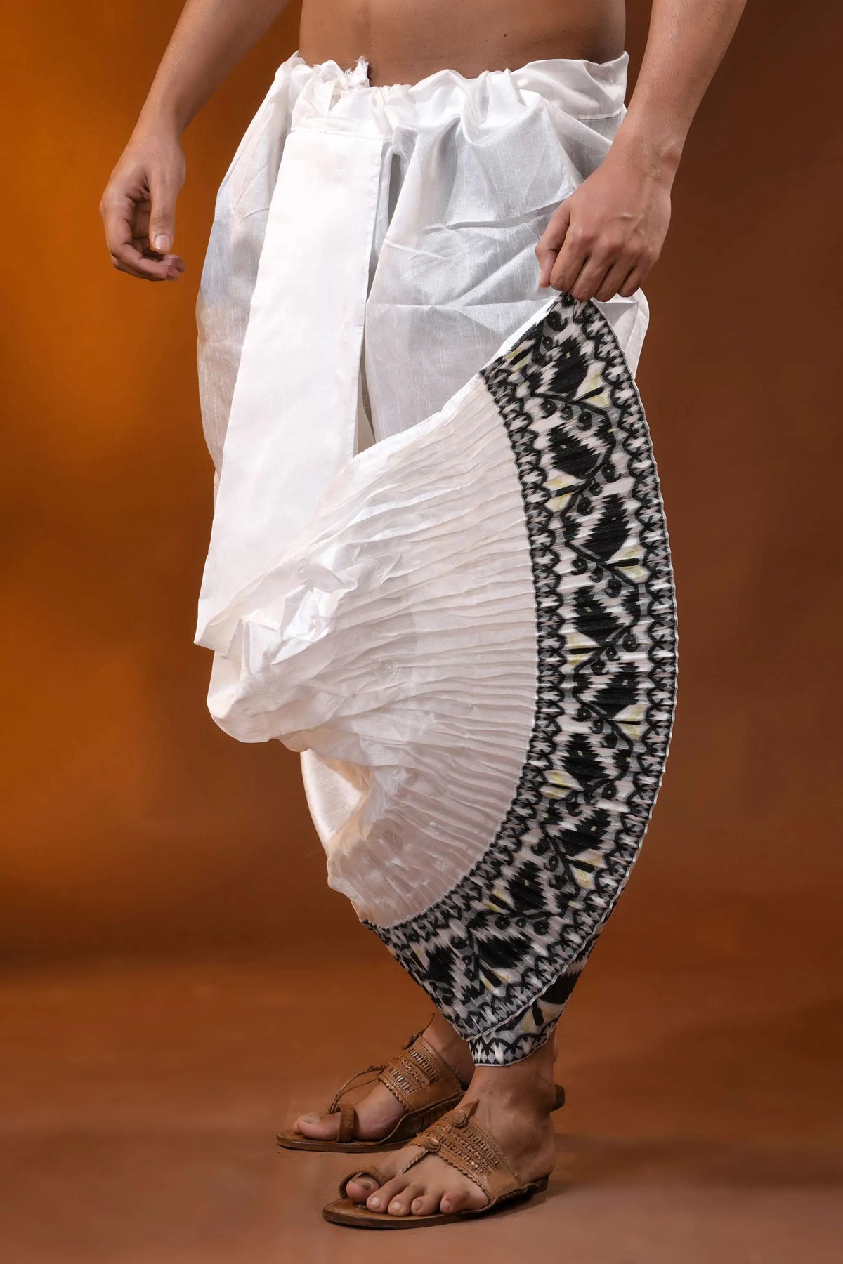 Black jamdani border mayur puchha silk dhoti - ready to wear 2